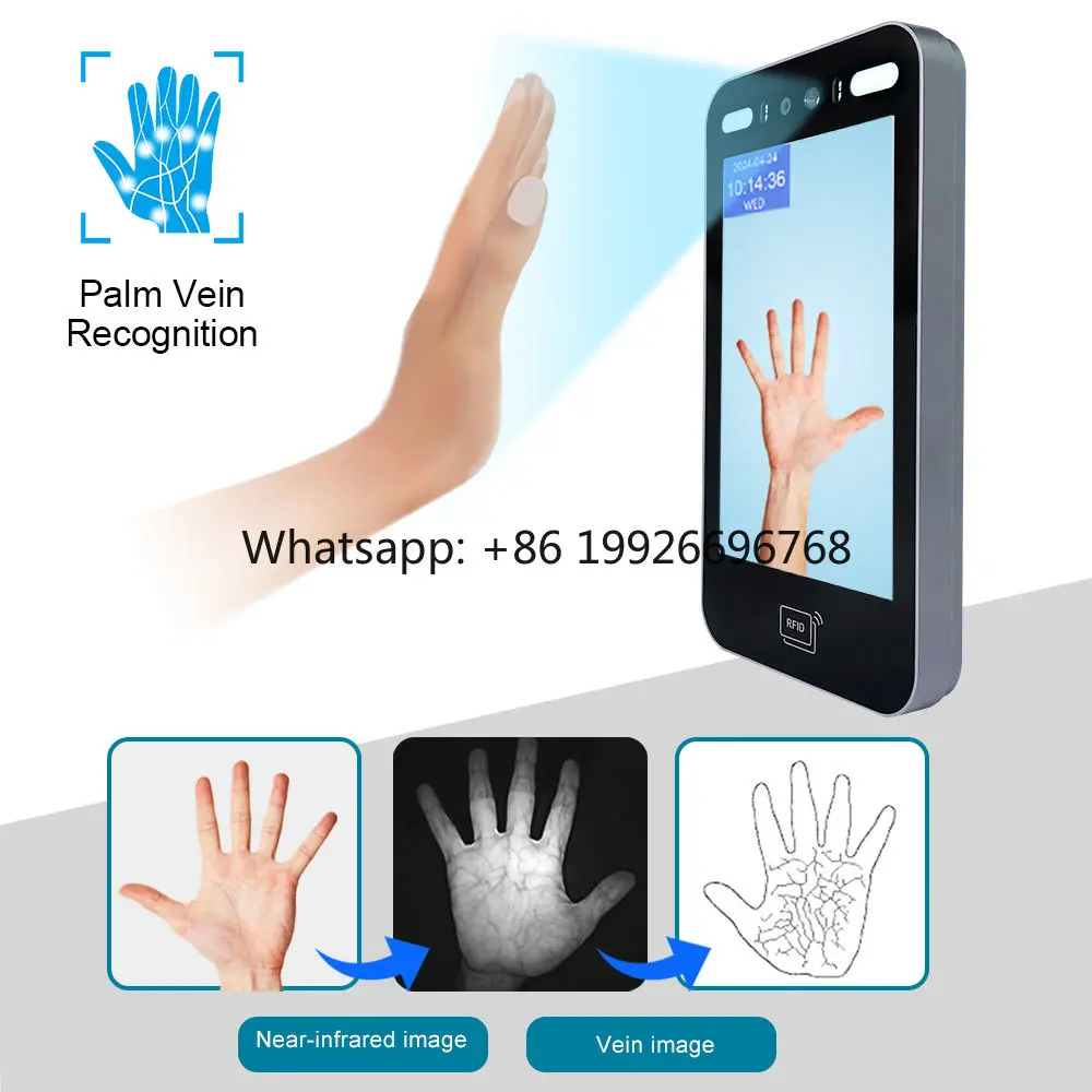 8 Inch TCP/IP/WiFi Palm Vein Face Recognition RFID Card Time Attendance  Cloud HD Camera Night Vision Motion Reset