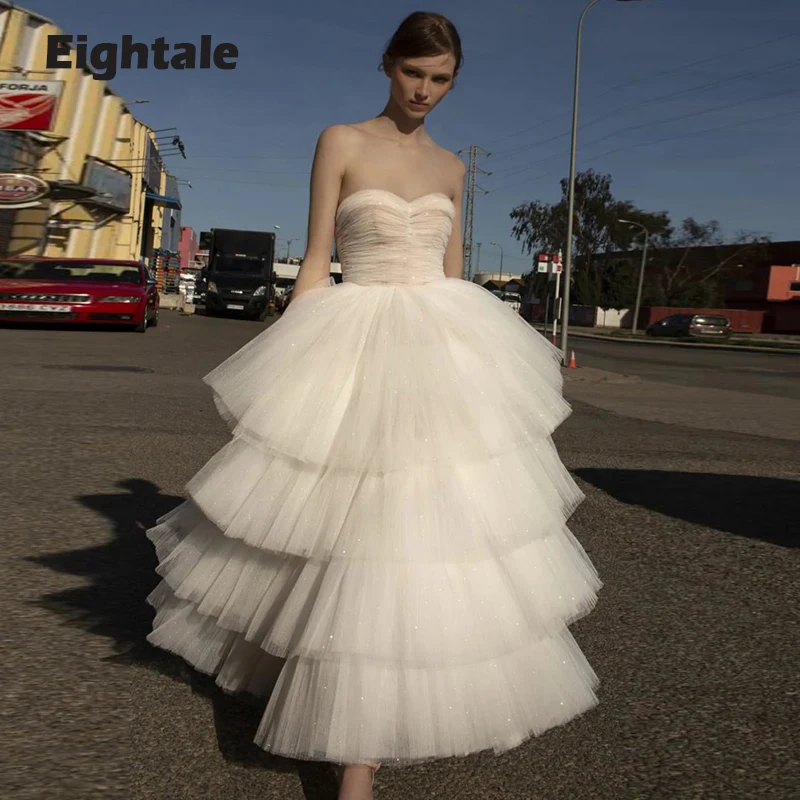 

Eightale Glitter Prom Dresses Tiered Sweetheart Ivory Evening Gown for Wedding Tulle Custom Made Party Dress robe de soirée