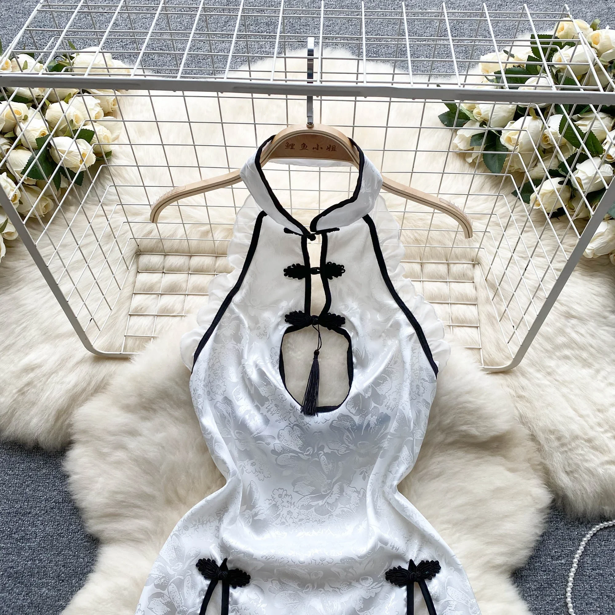 Drucken Sheer Sexy Mesh Kleid Ladies Backless Split Cheongsam Mini Nacht Kleid Frauen Chinesischen Stil Retro Erotische Nachtwäsche