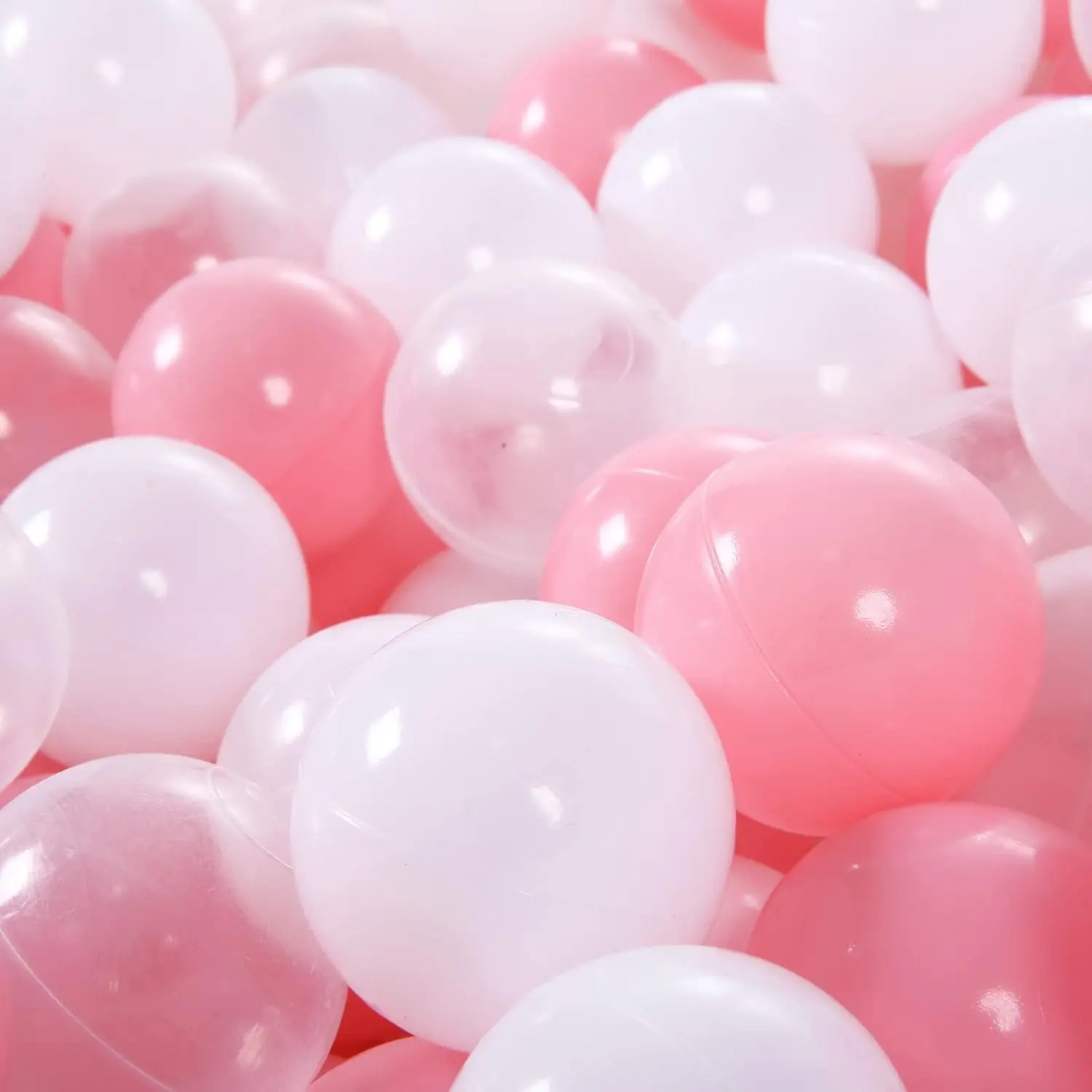 Zachte plastic ballenpitballen, 100 stuks roze + wit + transparant, plastic speelgoedballen voor kinderen, verpletterende stressballen voor feestjes