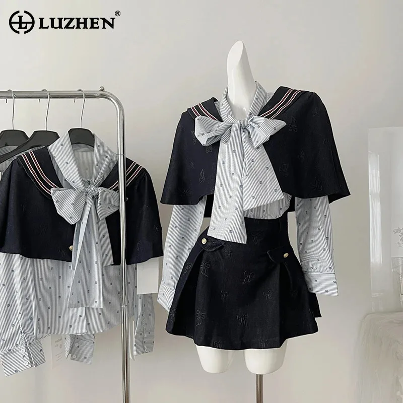 

LUZHEN Stripe Bow Necktie Decorate Color Contrast Design Shawl Shirts Two-piece Sets Women's Sweet Style Mini Skirt Sets AA1514