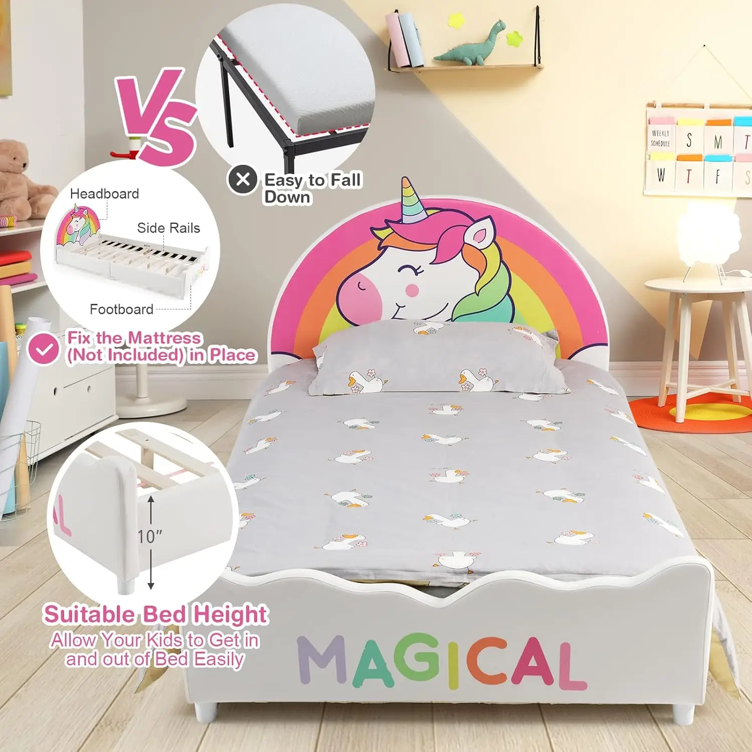 Rangka tempat tidur ganda untuk anak-anak, Platform tempat tidur ganda berlapis kain kayu dengan penopang Slat, bantalan kepala &, tanpa kotak