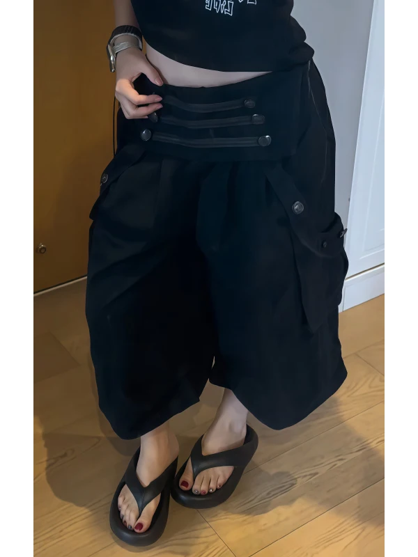 American Retro Court Style Loose Women's Cargo Pants Seven-Five Shorts Casual Design Breathable Polyester Fiber Natural Waist