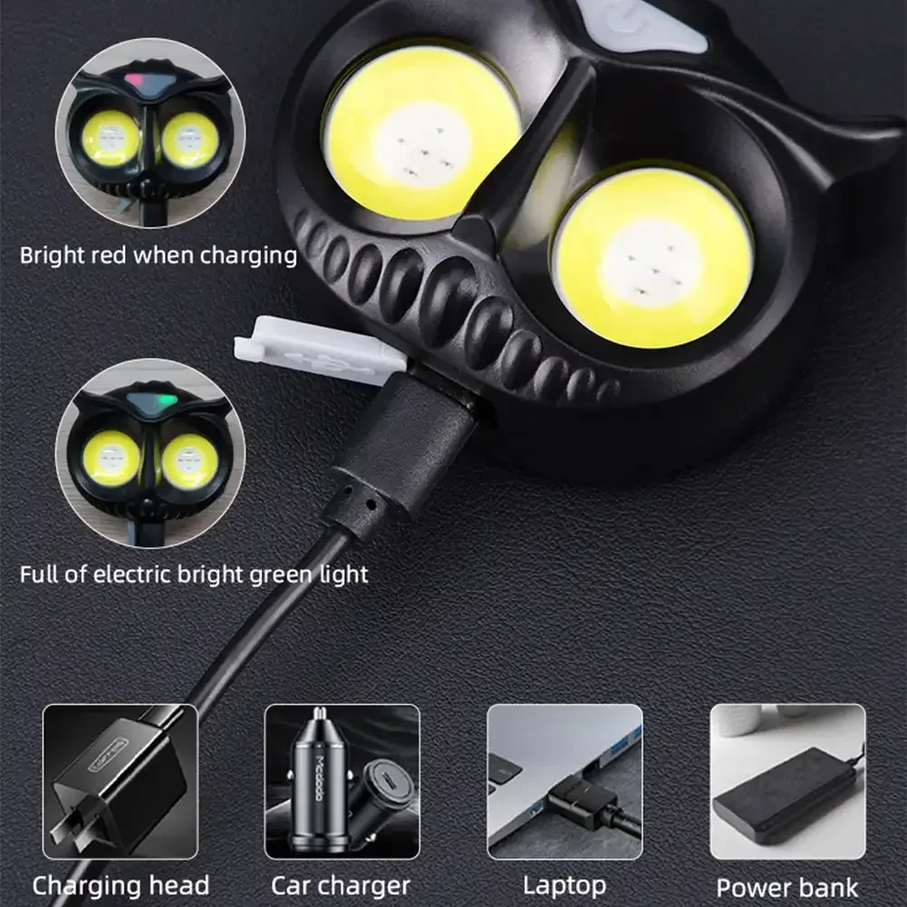 COB Owl Headlamp Waterproof USB Rechargeable Headlight with Hook and Magnetic for Adults Children Running Fishing Riding Camping