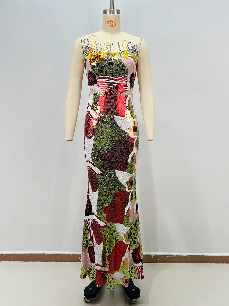 MultiColor Floral Rhinestone Embellished Mermaid Maxi Dress Strapless Bodycon Formal Dress Celebrity Birthday Evening Party Gown