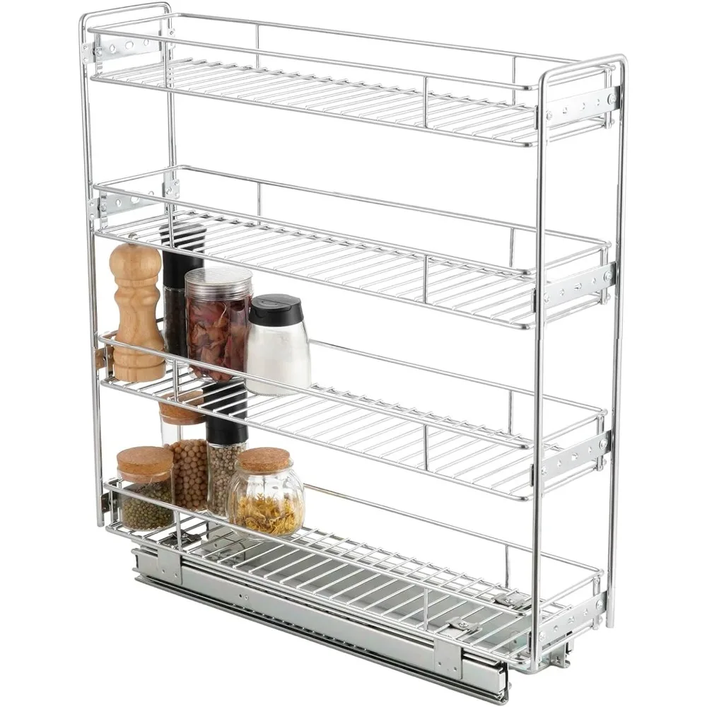 

4-Tier Pull Out Kitchen Cabinet Spice Rack Holder (5" W x 21" D), Slide Out Slim Storage Wire Baskets,Narrow Pull Out Storage