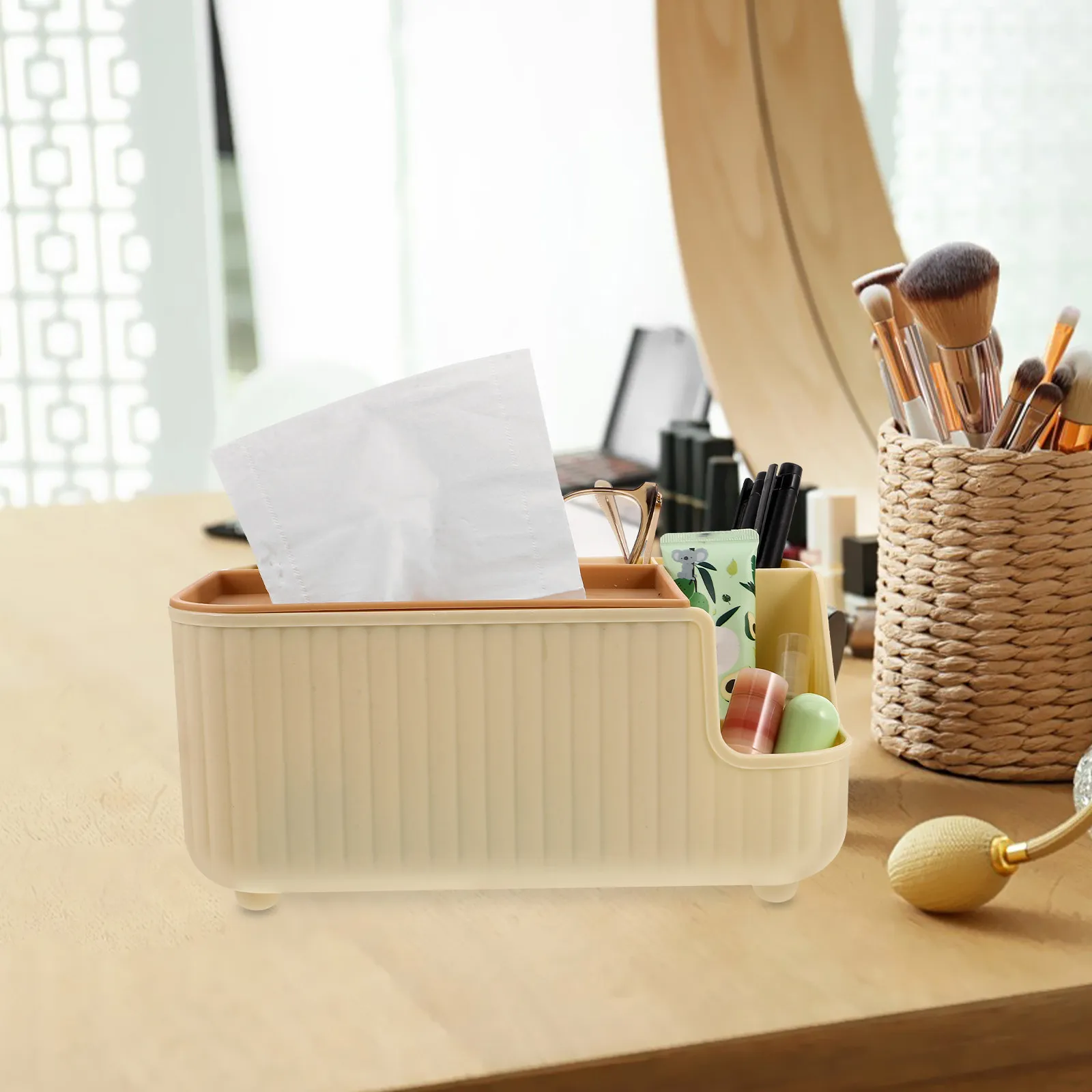 Multifunctional Tissue Storage Box Organizer Nightstand Remote Holder Desktop Rectangular Tissue Box Cover Plastic Basket