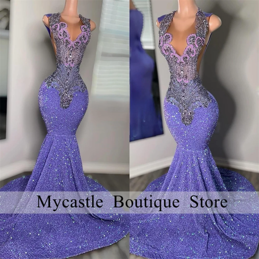 Glitter lavanda roxo lantejoulas vestidos de baile 2025 para menina negra cristal strass vestido de festa de aniversário personalizado