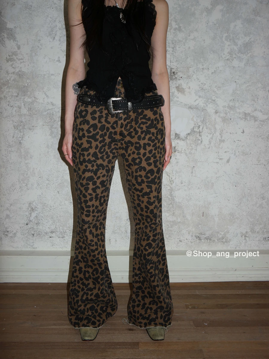 2023 Autumn New Retro Slightly Flared Leopard Print High Waist Ripped Wide Leg Pants Street Sexy Slimming Jeans Distressed Pants