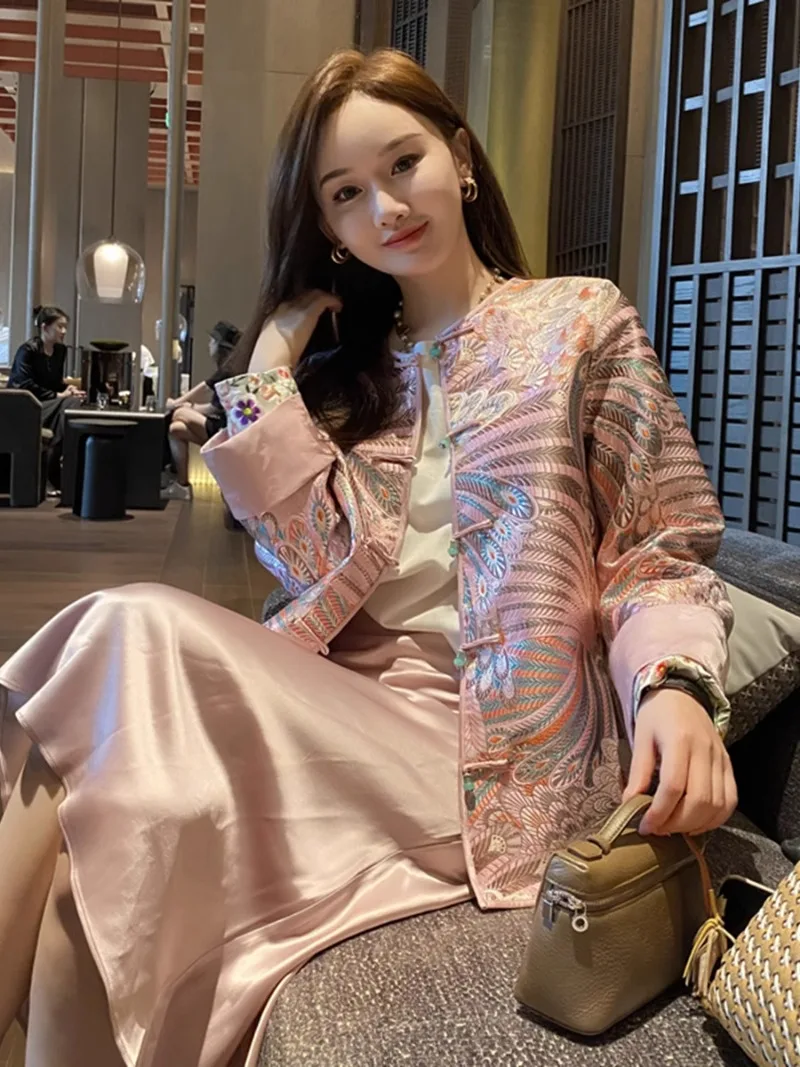 Miiiix neue chinesische Stil rosa Top Frauen Herbst Jacquard Rundhals ausschnitt lose lässige Hanfu Jacke weibliche Kleidung