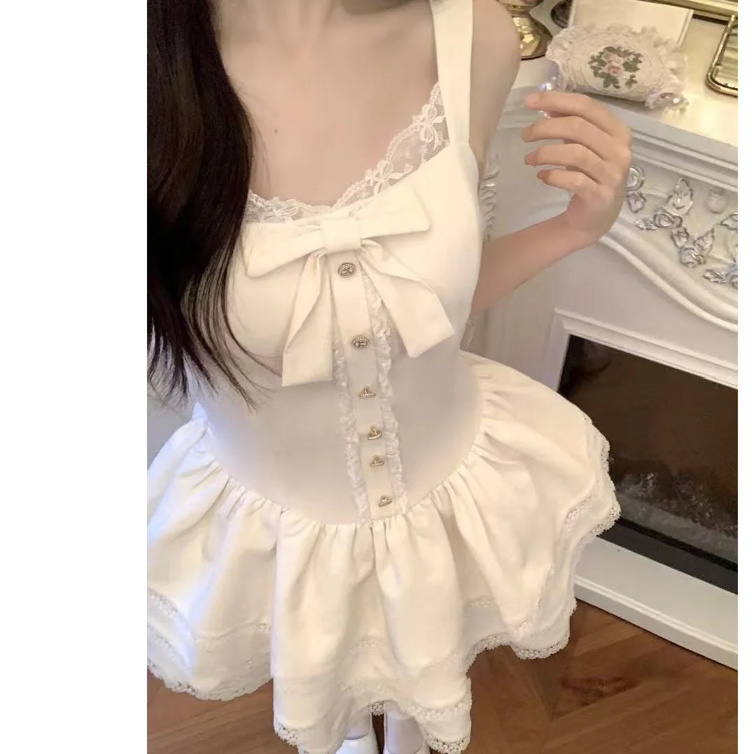 Sweet Pastel Beige Open Cardigan Vest Dress Puffy Cake Two-Piece Set for Short Women Early Autumn Casual Sportswear Ensemble