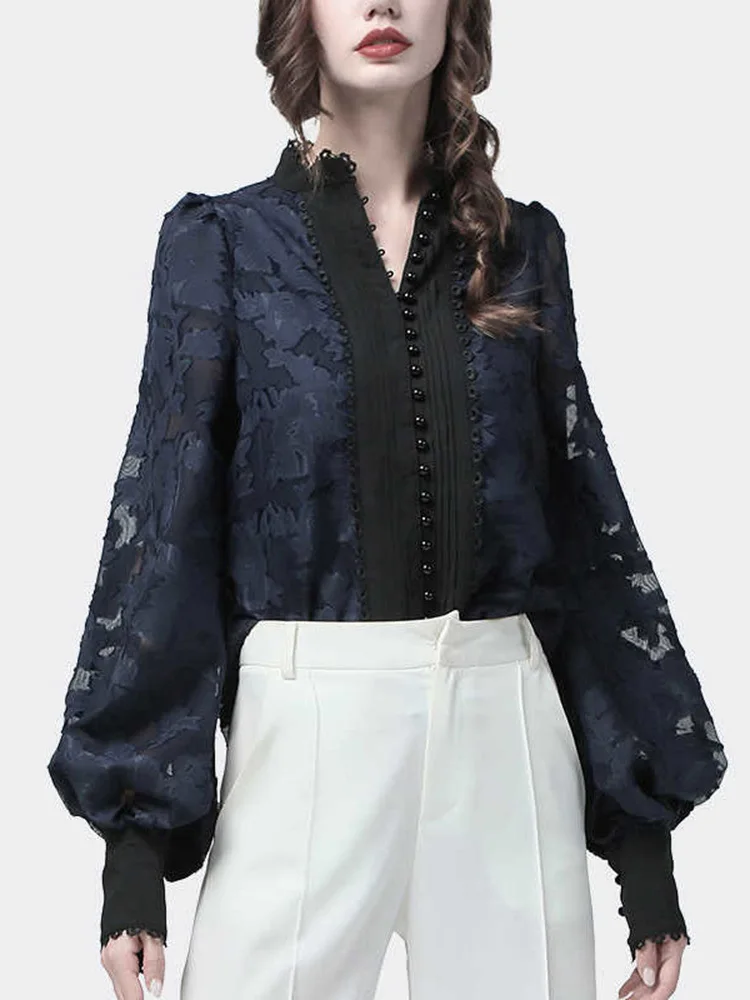 VGH Elegant Minimalsit Shirts For Women Stand Collar Lantern Sleeve Patcwhork Lace Solid Temperament Blouses Female Fashion New