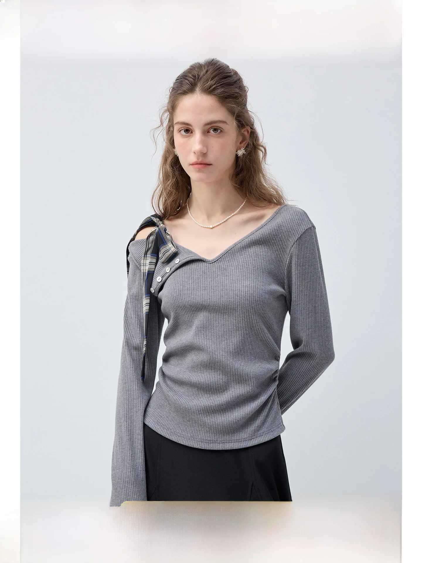 

Ele V-Ne Knitted Top oulderBaring Long Sve Slimming Women's Faion plus Size Spring Versatile for Plump Ladies