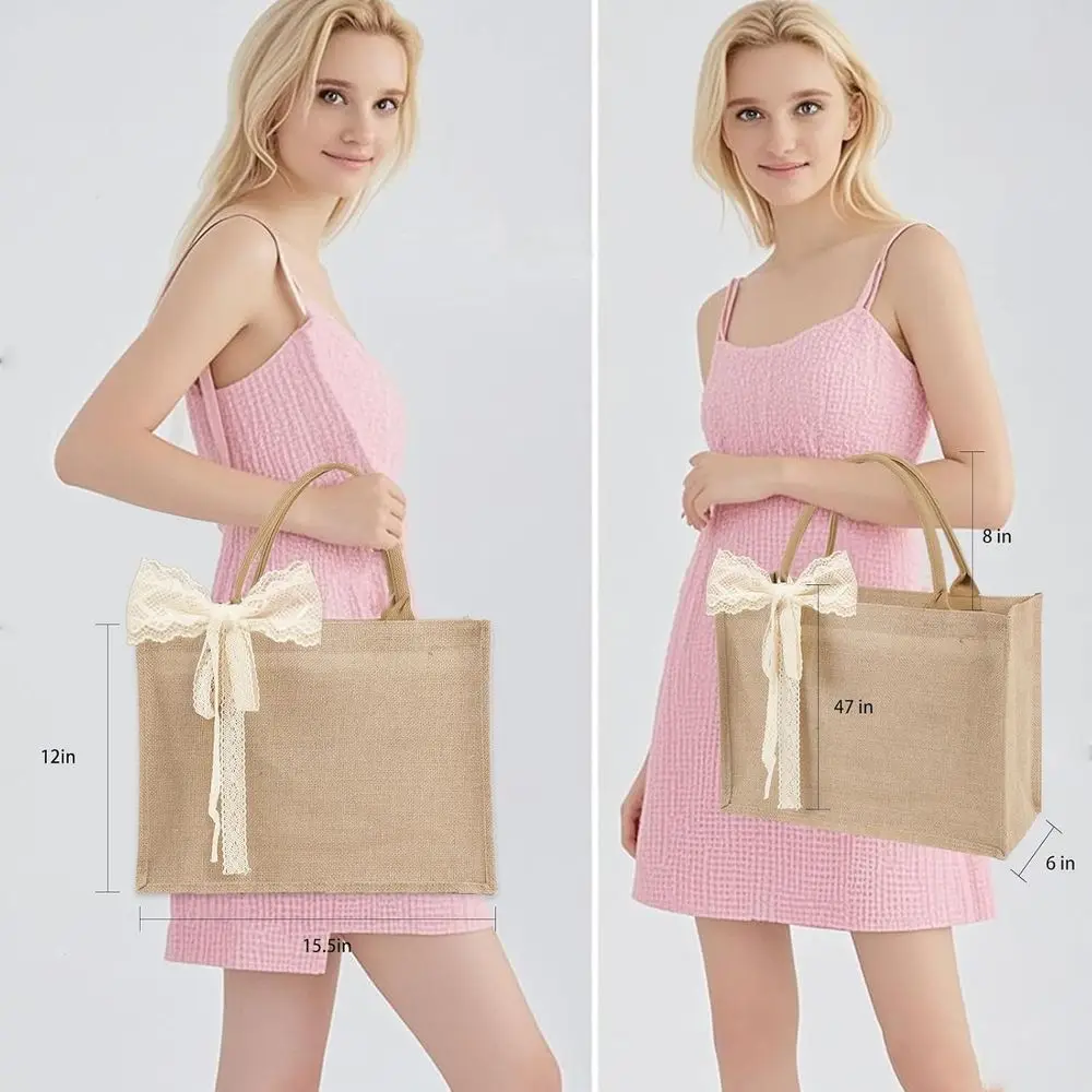 مجموعة من 12 كيسًا من الخيش المقاوم للماء مع مقابض، وحقائب بقالة قابلة لإعادة الاستخدام، 15.35 × 6 × 12 بوصة، مثالية للنساء، وصيفات العروس، Beac