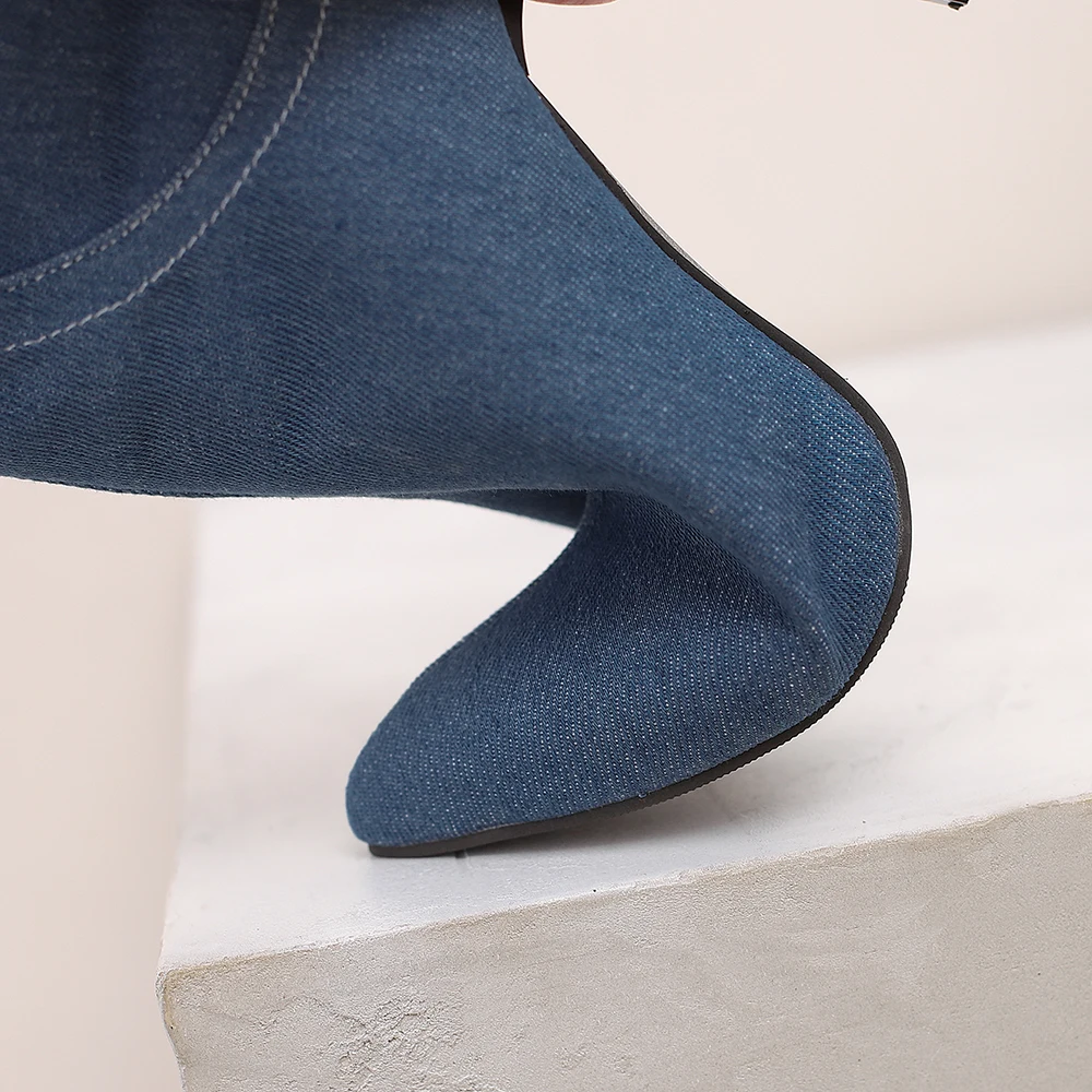 2024 Winter Sweet Blue Black Women Ankle Boots Hot Pointed Toe Hight Thin Heels Lady Dress Shoes Plus Big Size 12 43 45 48