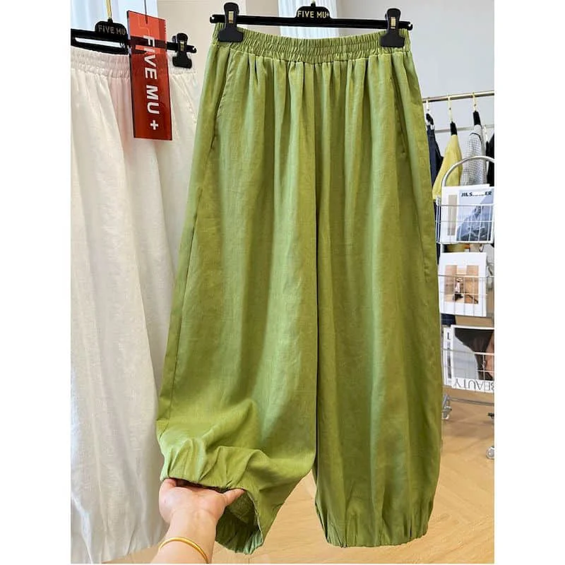 

Брюки-фонарики, летние тонкие хлопковые льняные укороченные брюки с эластичной резинкой на талии, популярная корейская женская одежда, повседневные брюки свободного покроя