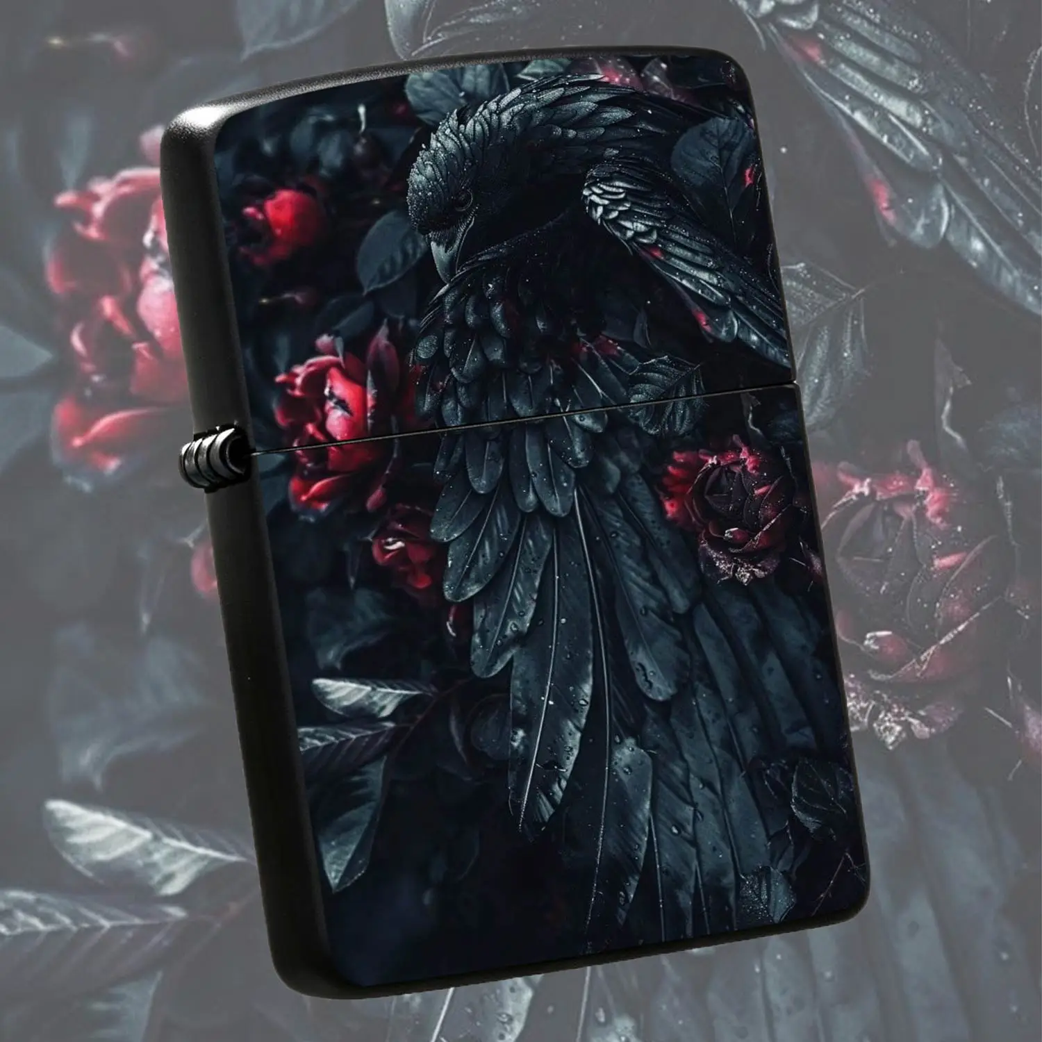 Dark Aesthetic Crow & Rose Print Lighter, Moody Artistic Portable Ignition Tool For Daily Outdoor Gathering, Unique Stylish Accessory For Personal Matching, Exquisite Present Choice For Family Friends To Show Distinct Tastes, No Extra Redun