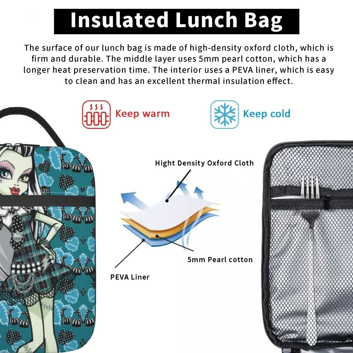 Graffiti Girl Lunch Bag Monster High Kawaii Lunch Box For Women Picnic Portable Zipper Cooler Bag Oxford Thermal Lunch Bags