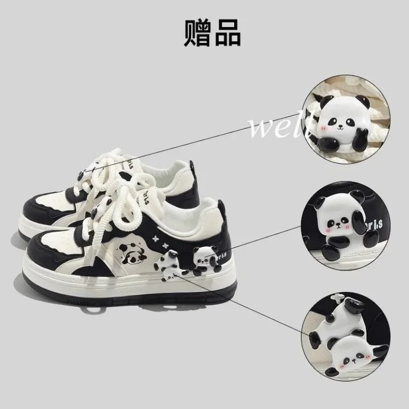 Kawaii Women Sports Shoes Panda Platform Sneakers Black White Cute Flats Lolita Footwear Tennis Female Casual Vintage Vulcanize