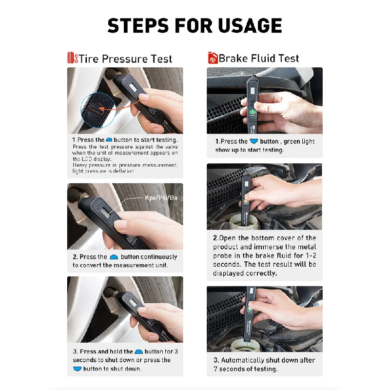 เครื่องทดสอบน้ำมันเบรกและแรงดันลมยางแบบดิจิตอล 2 in 1 พร้อมปากกาวัดความชื้นในน้ำมันเบรก