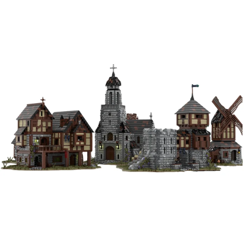 19711 pçs moc cena medieval vila medieval parte 2 arquitetura de aldeia vintage diy modelo blocos de construção brinquedos de aniversário presente