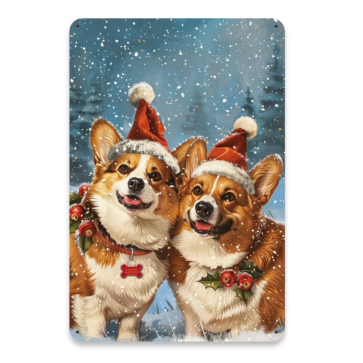 Vintage Christmas Corgi Metal Tin Sign - 20.32x30.48 cm | Durable Iron Wall Art for Home, Cafe, Garage & Garden Decor | Easy-