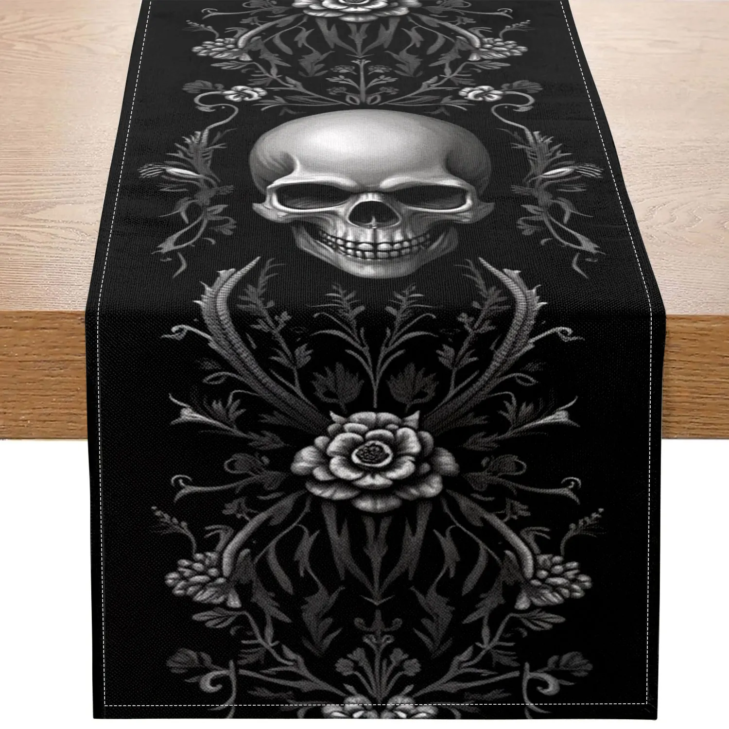 1 Piece Halloween-Themed Table Runner, Decorated with Skull, Floral, and Branch Patterns, Suitable for Halloween Party Decorations