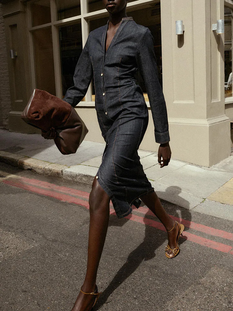 

Faionable Midi Dr V-Ne Long Sve Denim Women's New Arrival Autumn 2025 Ele Slim Fit Gown for Par Ocns