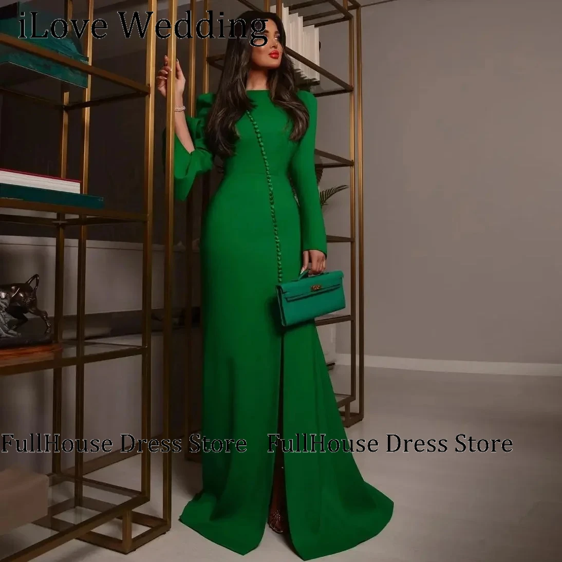 

Custom Made Fashion Elegant Mermaid Evening Dress Long Sleeves High Slit Button Party Gowns Formal Occassion Dress Saudi Arabia