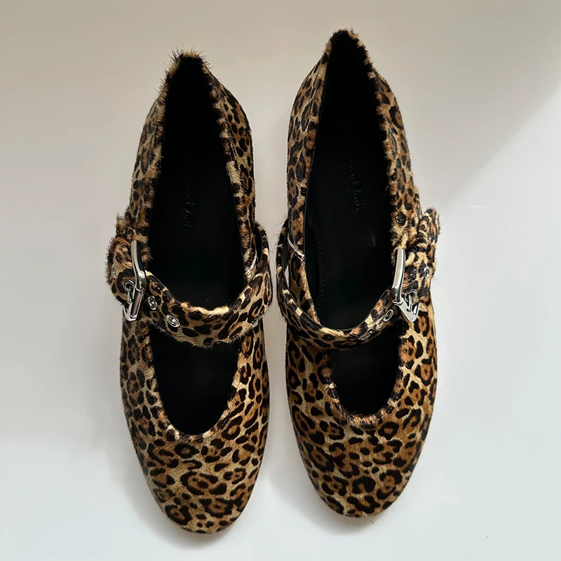 Women's Flat Shoes Round Toe Leopard Print Casual Genuine leather Shoes Ladies Breathable Slip-on Leopard Mary Jane Shoes 2024