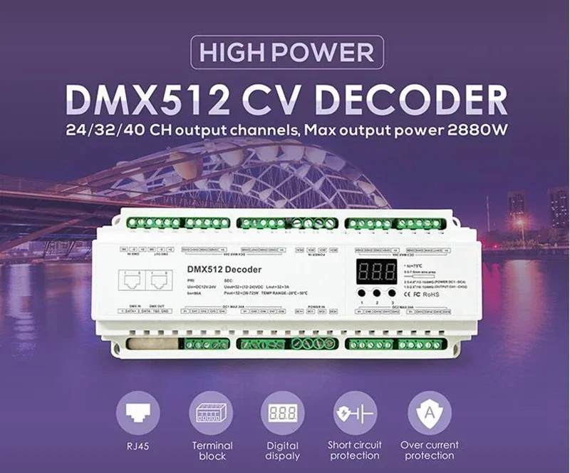 BC-640-DIN 24/32/40CH DC12V-24V 8 Bit16 Bit DIN Rail High Power DMX512 Constant Voltage Decoder