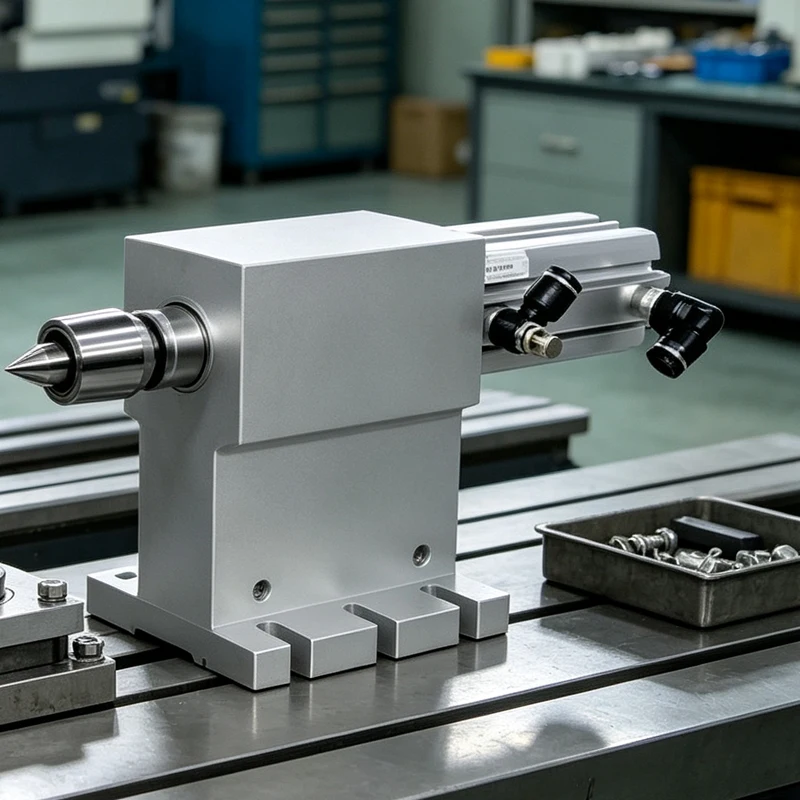 CNC Chuck Lathe Engraving Machine 4th Rotary A Axis Pneumatic Movable Tailstock, 100mm Center Height with MT2 ER11 Specification