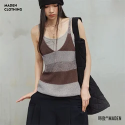 Maden Vintage Striped Camisole Women Summer Loose Color-blocked V-Neck Vest Cotton Knit Sleeveless Top Medium Elasticity Tank