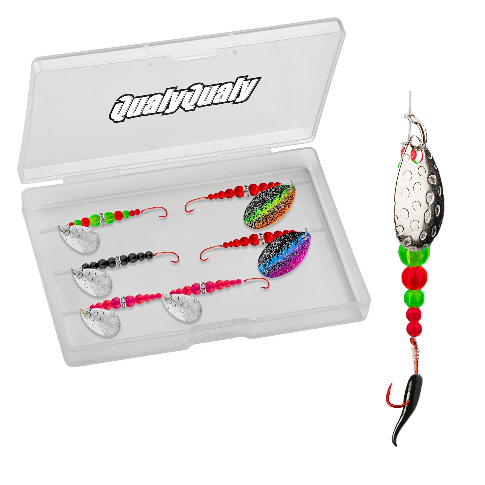 QualyQualy 5pcs Spinner Lures Kit 360°Rotation Colorful Glitter Flash Metal Spinner Spoon Bait Set Artificial Hard Lure