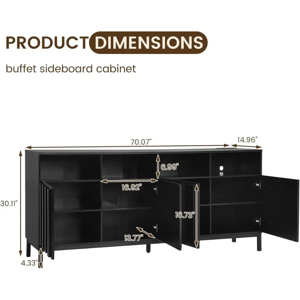 

70 Large Storage Cabinet with Fluted Panel Doors, Buffet Sideboard Cabinet with Power Outlets and Adjustable Shelves