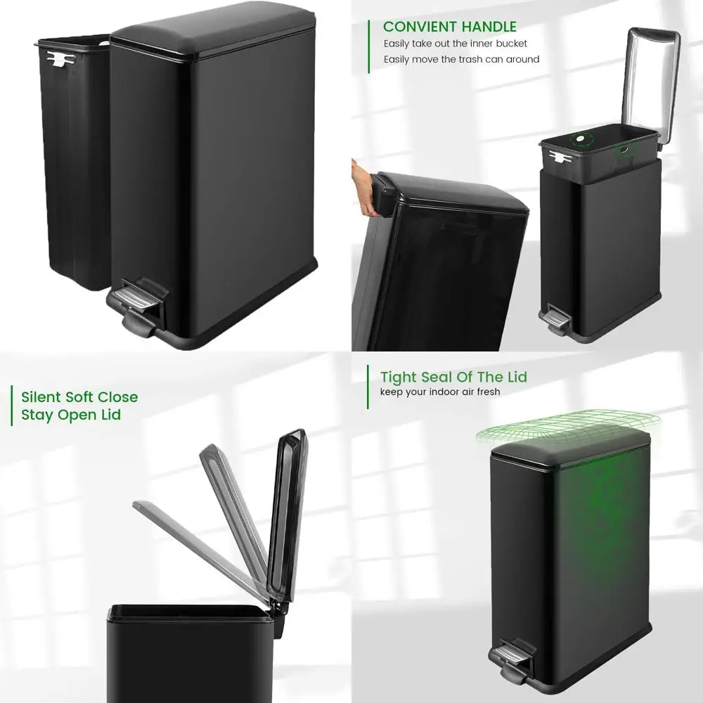 

Narrow Space-Friendly 12 Gallon Black Stainless Steel Kitchen Trash Can with Soft-Close Lid and 45 Liter Capacity