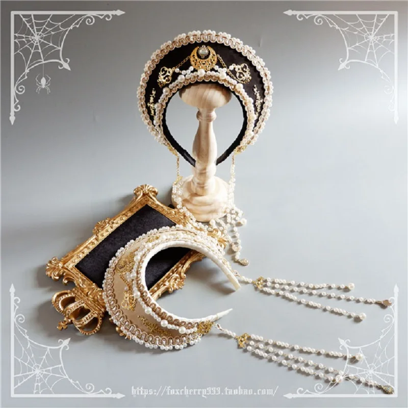 Hand-made Lolita Gothic KC Crown Palace Retro Gorgeous Bead Chain Tiara Renaissance Headband Vintage Baroque Hat Hair Ornaments