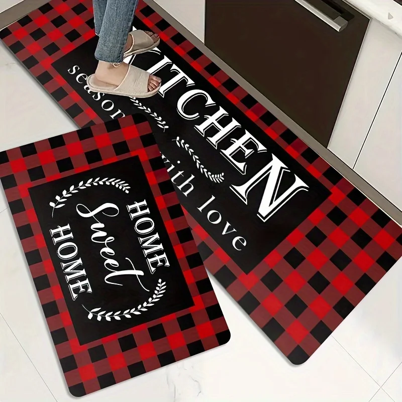 VIKAMA 1/2 Stück schwarz rot Anti-Ermüdungs-Küchenläufer-Teppich Buffalo Plaid Standmatte wasserdichte rutschfeste Matte für Heimdekoration