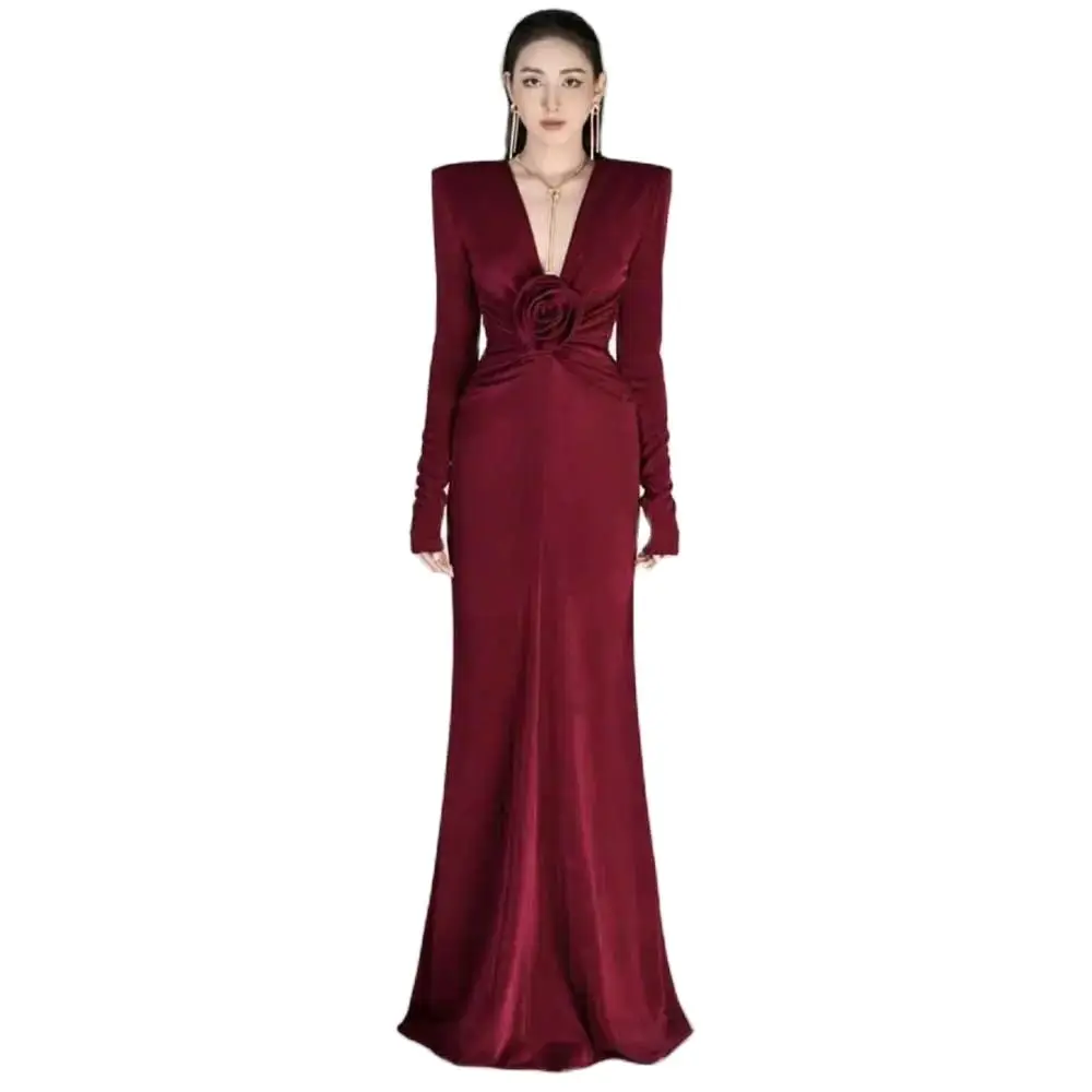 YUNLAN Red Velvet V Neck Evening Dress Dubai Mermaid Luxury Long Sleeve 2023 Bridal Wedding Prom Party Dress Homecoming Dress