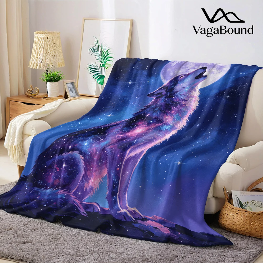 Galaxy Wolf Starry Night Flannel Blanket Warm Soft Halloween Christmas All-Season Couch Decorative Cozy Warm Gift