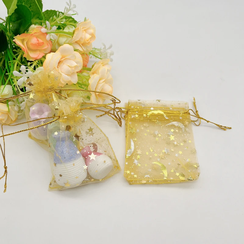 

500pcs Gold Gift Bag Moon Star Organza Gift Bags Wedding Packaging Jewelry Storage Bags Mini Drawstring Organza Bag Sachet Pouch