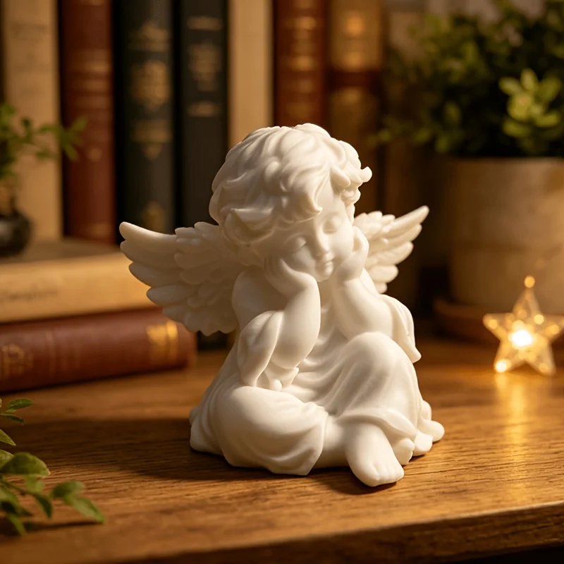 Estatua de Ángel Blanco Dulce Impresa en 3D, Linda Figura de Querubín Pensativo para Manualidades, Decoración del Hogar, Recuerdo Romántico de Boda, Adorno, Regalo