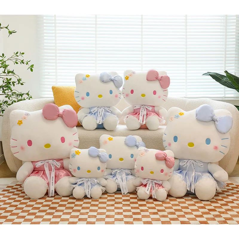 MINISO Genuine Anime Hello Kitty Blue Flowers KT Cat Stuffed Plush Toys Plushies Throw Pillow Dolls Birthday Gift For Kid GIrl