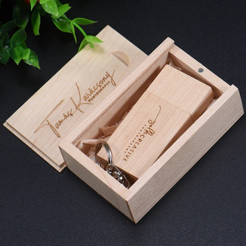 

Wood Box USB Flash Drive 128GB Creative Business Gift Memory Stick Free Custom Logo Pen Drive 64GB with Key Chain Pendrive 32GB