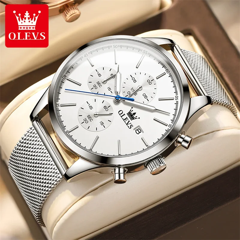 OLEVS Men Watch Chronograph Sports Quartz Mens Watches Silver Mesh Belt Date Luminous Waterproof Wristwatch Men Relogio