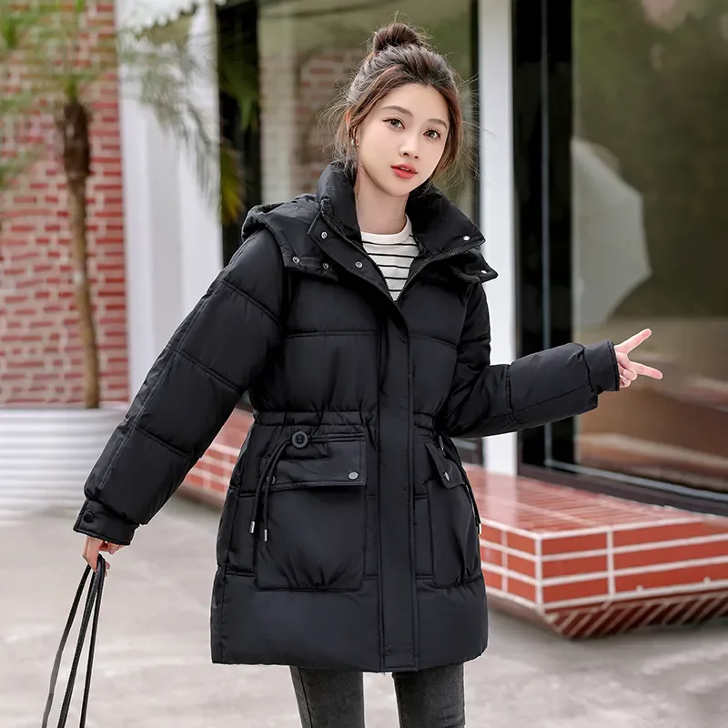 2024 Winter New Fashion Tight Waist Slimm Cotton Coat Thicke Warm Parka Średnio długa kurtka z kapturem z podszewką bawełnianą Płaszcz damski