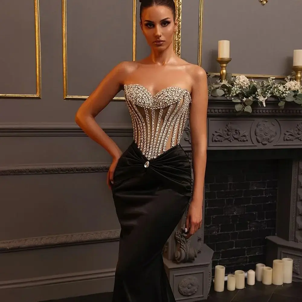 Black Bodycone Strapless Dress For Women Fashion V-Neck Diamonds Embelling Sleeveless Shirring Design Chic Red Carpet GownGown