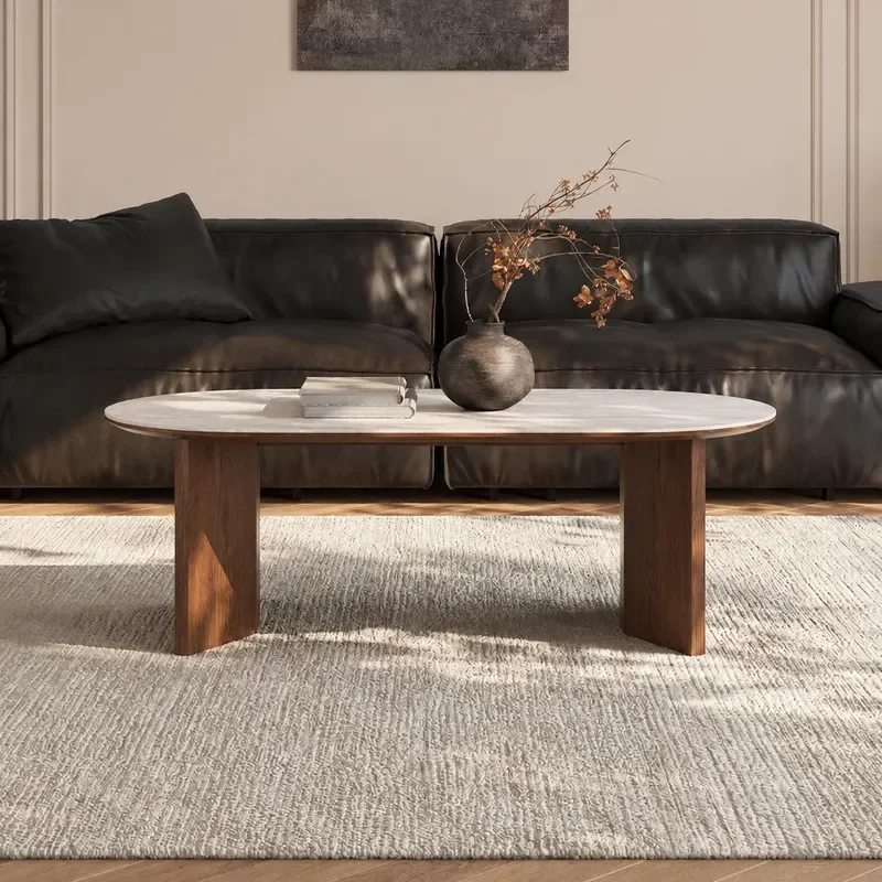 French Medieval Oval Travertine Coffee Table Retro Living Room Home Simple Creative Solid Wood Center Table
