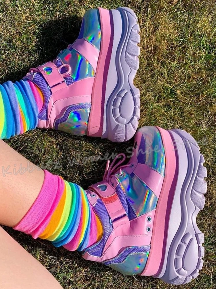 Laser Sneakers Mixed Color Platform Height Increasing Pink and Purple Dazzling Color Bling Outside Runway Shoes Comfortable New