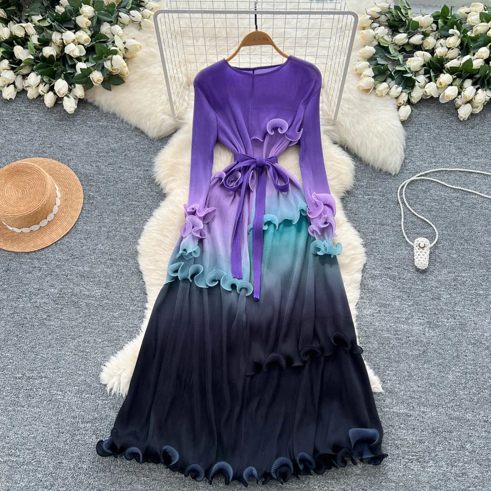 

Women Dresses Gradient Round Neck Full Sleeve Long Dress Lace Up Spliced Folds Casual Y2k Vestidos Streetwear Summer 2025